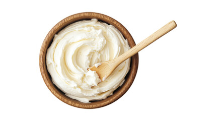 Cream cheese in wooden bowl with spoon isolated on a transparent background