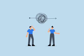 Complicated problem, business people thinking with chaos messy tangle knot.