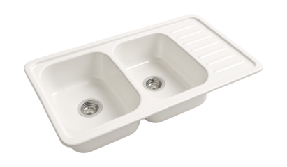 Double bowl kitchen sink with extended drainboard, crafted from enameled steel for