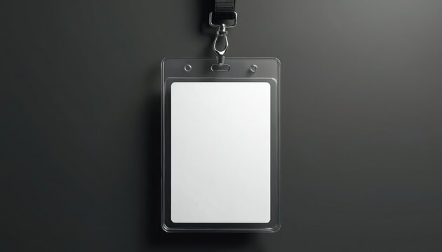 Blank ID card hangs on black background with copy space. Ready for custom text or photo. Ideal for employee access or security pass template.
