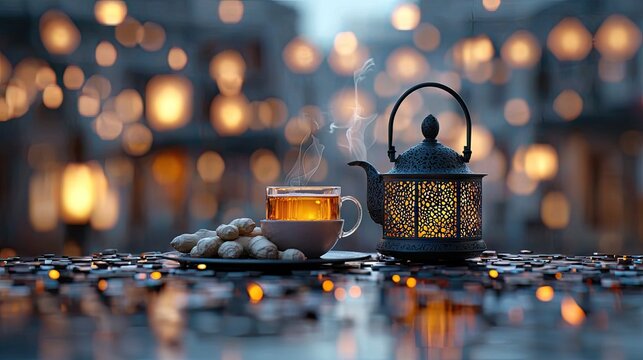 A close-up shot of a steaming cup of tea next to a decorative lantern and a pile of nuts, set against a blurred background of bokeh lights.