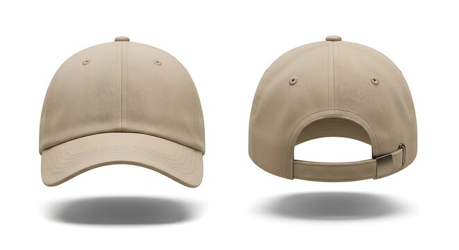 Front and Back View of a Blank Beige Baseball Cap Isolated on White Background.