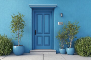 Fototapeta premium Bright blue stucco facade features a paneled entrance door framed by potted greenery and paving stones