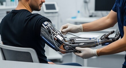 Man with prosthetic arm being adjusted by technician in a modern lab.