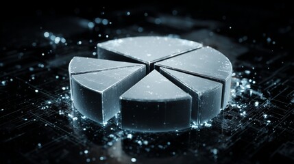 Abstract digital pie chart with glowing effects on a dark background, representing data analysis, statistics, business concepts, and modern visualization techniques