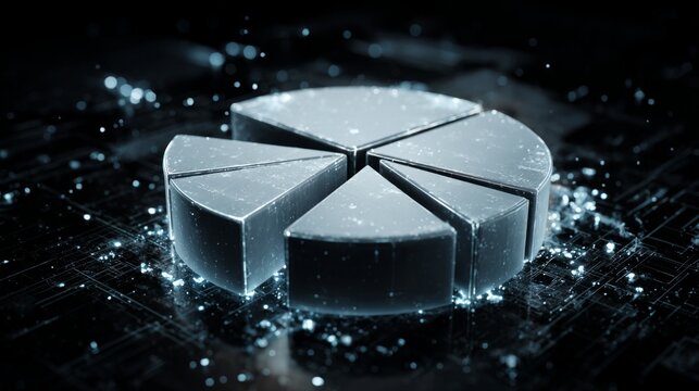 Abstract digital pie chart with glowing effects on a dark background, representing data analysis, statistics, business concepts, and modern visualization techniques