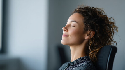 Relaxed young woman with curly hair sitting in chair with eyes closed enjoying peaceful moment indoors