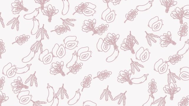 Pink sketch with eggplants, leaves, flowers, and sliced eggplants scattered on white. Perfect for recipe books, food blogs, or menus.