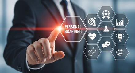 Businessman in a suit points to a digital display of "Personal Branding" surrounded by icons representing success, growth, and online presence.