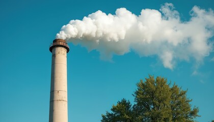 Factory smokestack emits white smoke plume against clear blue sky. Green tree branches are visible near industrial tower. Concept of pollution and environmental impact.