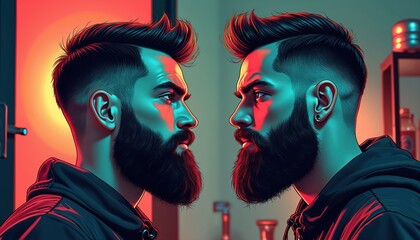 Two bearded men with stylish fades look at each other in a barber shop. Neon lights cast red and teal glow on their faces and slicked back hair. Close up profile view.