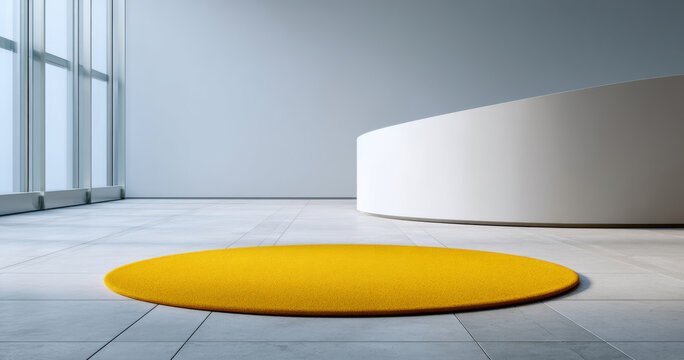 Minimalist modern interior with large yellow circular rug on tiled floor and curved white wall under natural light