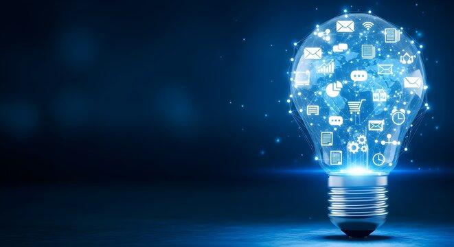 A glowing lightbulb filled with digital icons representing communication, social media, and global connectivity, set against a dark blue background.