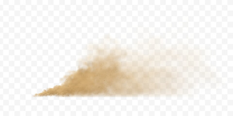 Obraz premium Flying dust cloud from car on transparent background. Sandy particles create realistic dirt explosion effect with brown powder dispersing through air.