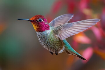 Fototapeta premium Charming Male Anna's Hummingbird with Dazzling Iridescence in Flight Among Wildflowers