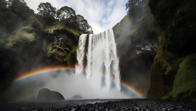 A tall waterfall cascades down a rocky cliff, forming mist that creates a vivid rainbow at its base in a lush, green valley.