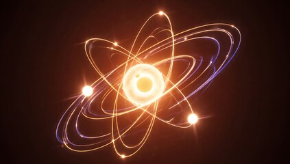 A glowing atomic nucleus with orbiting electrons in a dark space background.