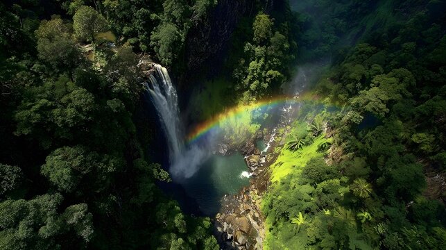 A tall waterfall cascades into a forest pool beneath a bright rainbow. - Powered by Adobe