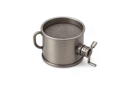 Metal flour sifter with crank on transparent