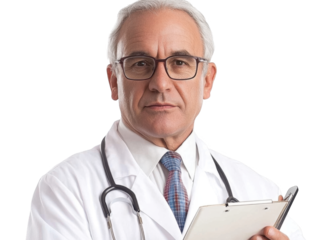 Confident Medical Professional in White Coat Holding Clipboard and Stethoscope, Ready to Assist Patients and Provide Expert Medical Care isolated on transparent background