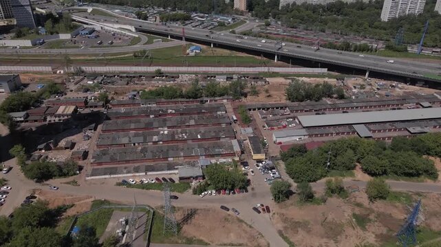 Russia Moscow. A modern microdistrict on the outskirts of Moscow, the capital of Russia, from a bird's eye view. Panoramic top view of modern apartment buildings, highways, streets and squares