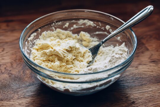 Large Glass Bowl Holding Residual Batter with Two Cooking Spoons