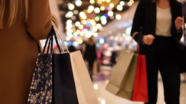 Woman Carrying Shopping Bags Walks Through Busy Shopping Mall
