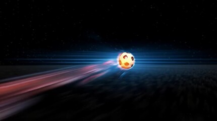 Moving Soccer Ball with Fire and Ice Trails in Dynamic Flight Across Black Background