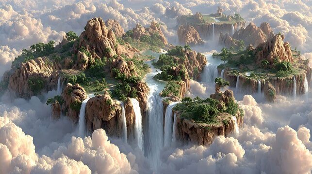 Floating islands with waterfalls surrounded by clouds.