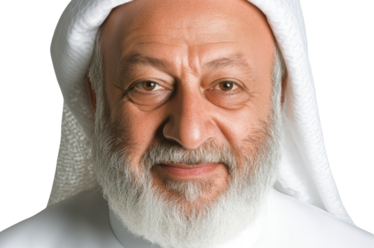 A Portrait of an Elderly Man with a Caring Smile Dressed in Traditional Attire, Capturing Wisdom and Hospitality in His Expression isolated on transparent background