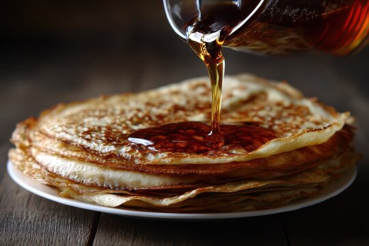 Delicious Pannenkoeken: Stacked Dutch Pancakes Drizzled with Syrup and Rolled Up for a Perfect Treat