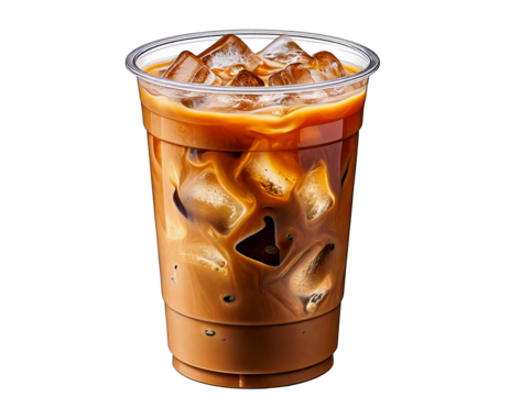 Iced coffee, with milk and ice cubes in a clear plastic cup, cutout, PNG