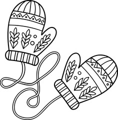 Simple line drawing of a pair of winter mittens with knitted patterns for coloring book pages