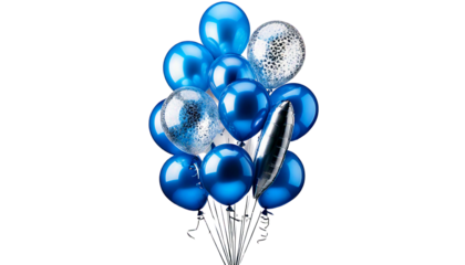 Large bunch of silver and blue balloons with confetti filled transparent balloons, isolated_.png