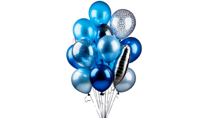 Large bunch of silver and blue balloons with confetti filled transparent balloons, isolated_.png