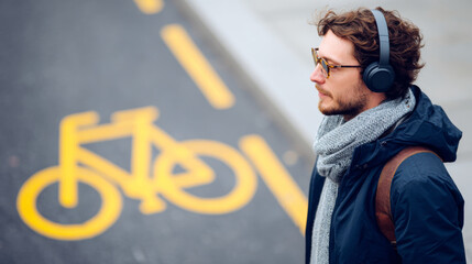 Young man wearing headphones and scarf standing near a bike lane with yellow bicycle symbol on the pavement in urban setting