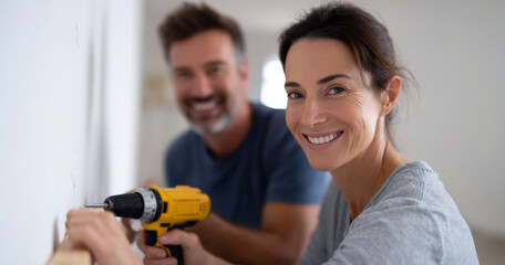 Smiling woman using electric drill on wall with man assisting in background during home improvement project indoors