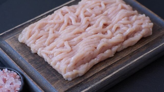 Raw ground chicken for burgers and other food. Raw minced chicken meat as a food background for your design