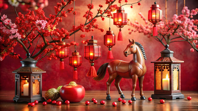 Celebrate the lunar new year with this festive display of red lanterns, cherry blossoms, and a horse figurine, offering prosperity and good fortune