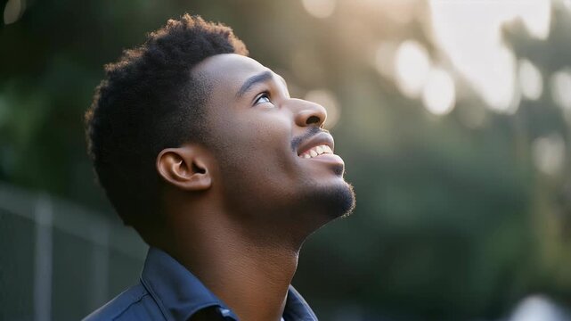 Close-up portrait of a young Black man smiling and looking upwards outdoors.