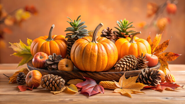 Warm autumn harvest bounty features pumpkins, pine cones, crisp apples and colorful fall leaves on rustic wooden surface, perfect for Thanksgiving themes