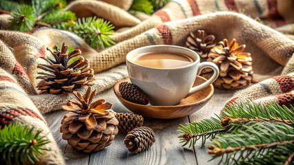 Enjoy a cozy winter morning with coffee, pinecones, and a warm blanket - perfect for holidays, relaxation, and festive celebrations