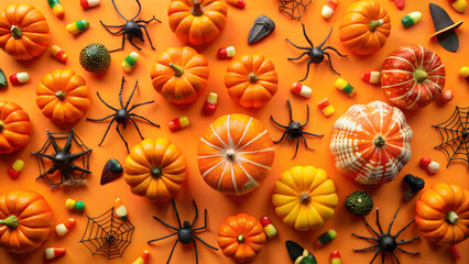 Festive Halloween layout with pumpkins, spiders, candy and witch hats on vibrant orange backdrop creates a spooky and fun fall holiday vibe