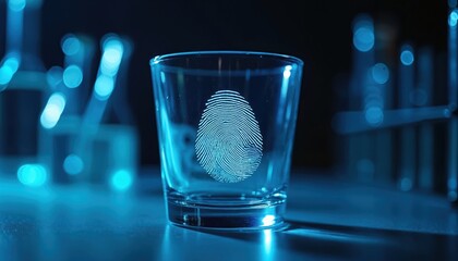 Fingerprint on glass in blue light forensic science. Investigation concept shows biometric identification, identity verification. Forensic technology used in study, biometric datum, security research