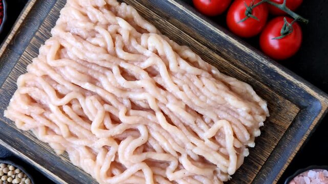 Raw ground chicken for burgers and other food. Raw minced chicken meat as a food background for your design