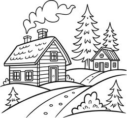 Cozy winter village illustration,Simple line drawing of a cozy winter village with snow covered houses pine trees and chimney smoke for coloring book pages