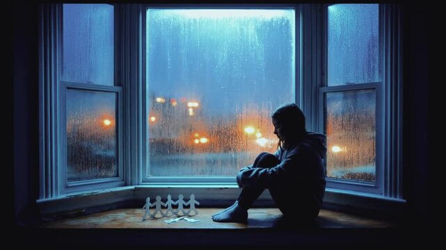 Silhouette of a lonely girl sitting on a window sill during a rainy night. Sad female looking at city lights with paper dolls representing family. Depression and isolation concept