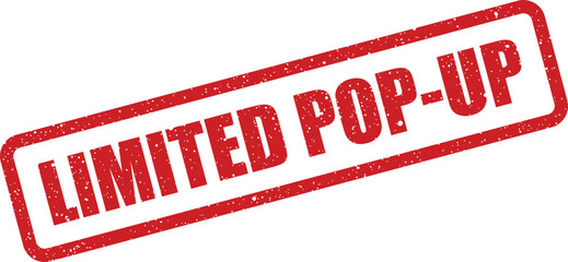 Distressed grunge stamp with rectangular border and diagonal text LIMITED POP UP for special retail events