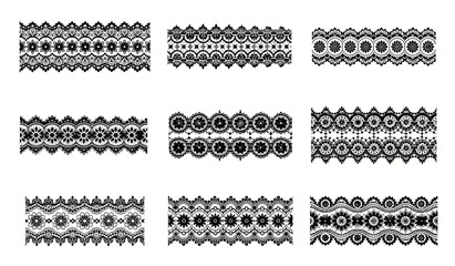 Selection of Nine Intricate Black and White Floral Lace Border Designs