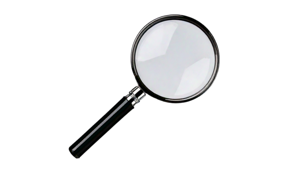 Magnifying glass with black handle and silver rim on a white circular lens, isolated on a wh.png